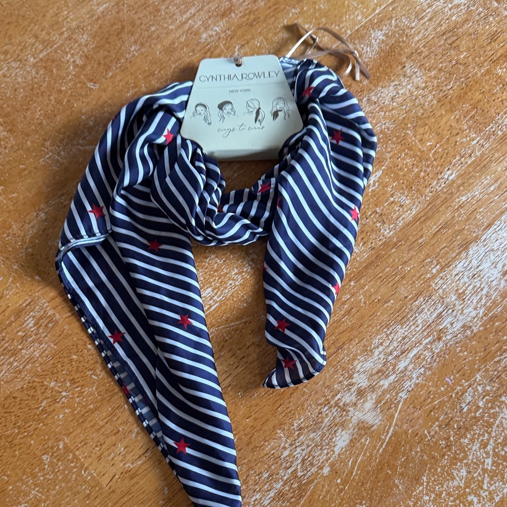 Cynthia Rowley Blue and White Striped Scarf with Red Stars